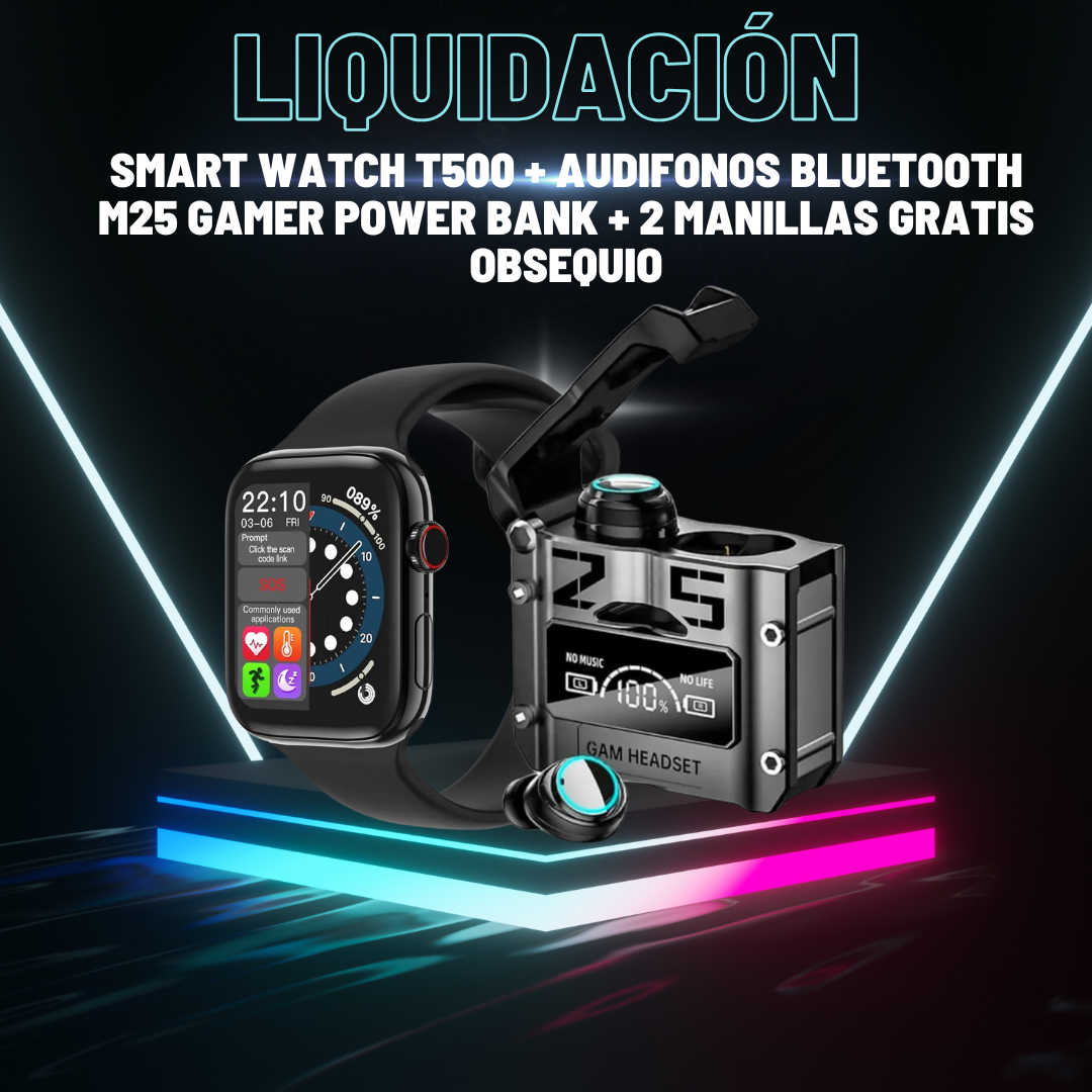 🔥 Super Combo liquidación Tech: Reloj T500 + Audífonos M25 + 2 Manillas de Regalo 🎁