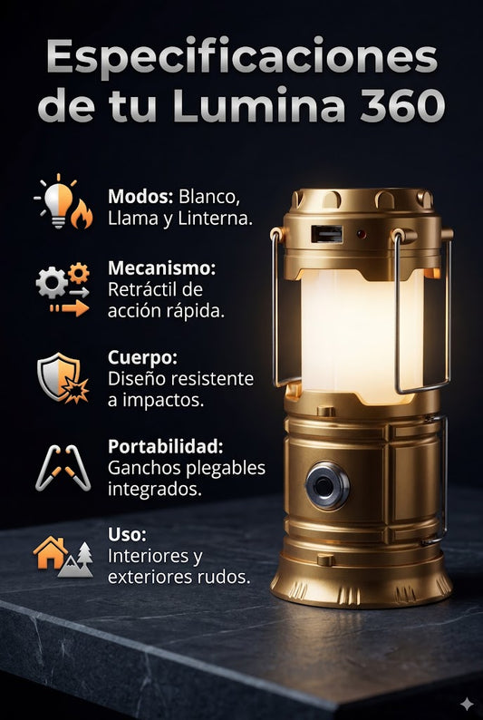 Lumina 360 Ultra: Lámpara de Emergencia y Camping con Efecto Fuego