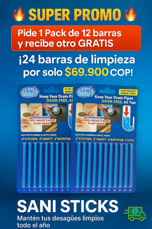 Oferta 2x1 SANI STICKS – Limpiador de Desagües, Elimina Malos Olores y Atascos (24 Barras Ecológicas)